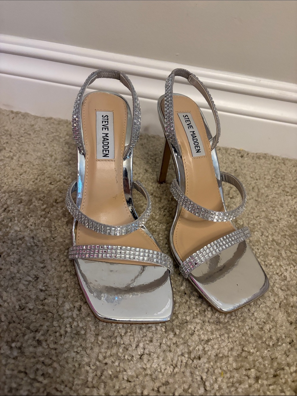 Steve Madden Silver Rhinestone Strappy Slingback Heels